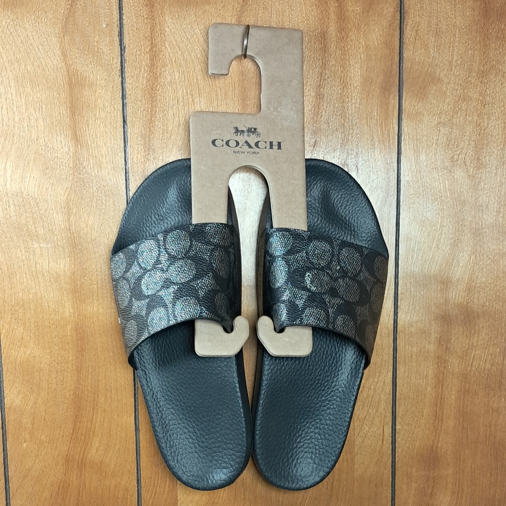 Coach Women's Black and Silver Slide Sandals